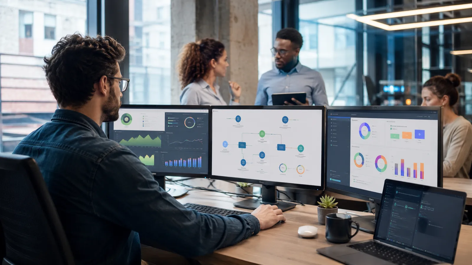 Consultant reviewing Zoho CRM pipeline and automation dashboards on multiple monitors